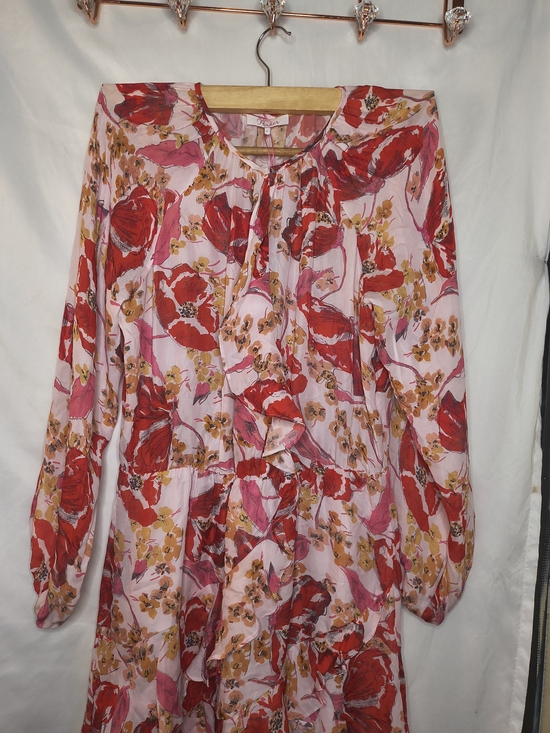 Parker Dresses & Skirts - Parker Pink Floral Ruffle Midi Dress with Red & Yellow Accents
